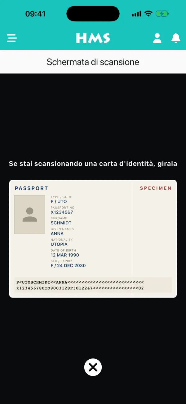 App HMS Flow su iPhone — Scanner passaporti e documenti