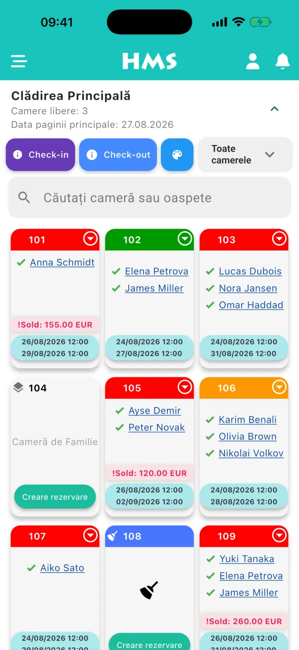 Aplicația HMS Flow pe iPhone — Panoul camerelor