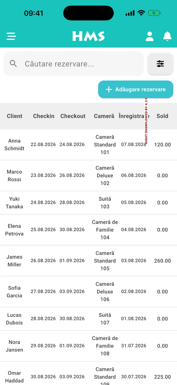 Aplicația HMS Flow pe iPhone — Rezervări