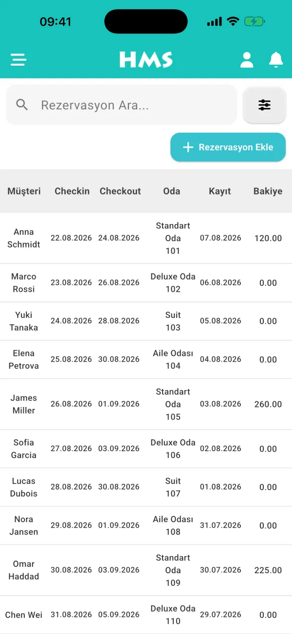 iPhone üzerinde HMS Flow uygulaması — Rezervasyonlar