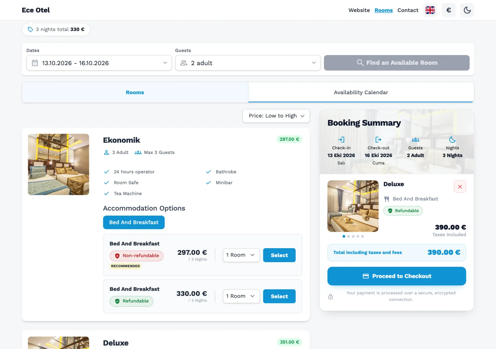 Rooms, rates and the booking summary — Ece Termal Otel, Pamukkale