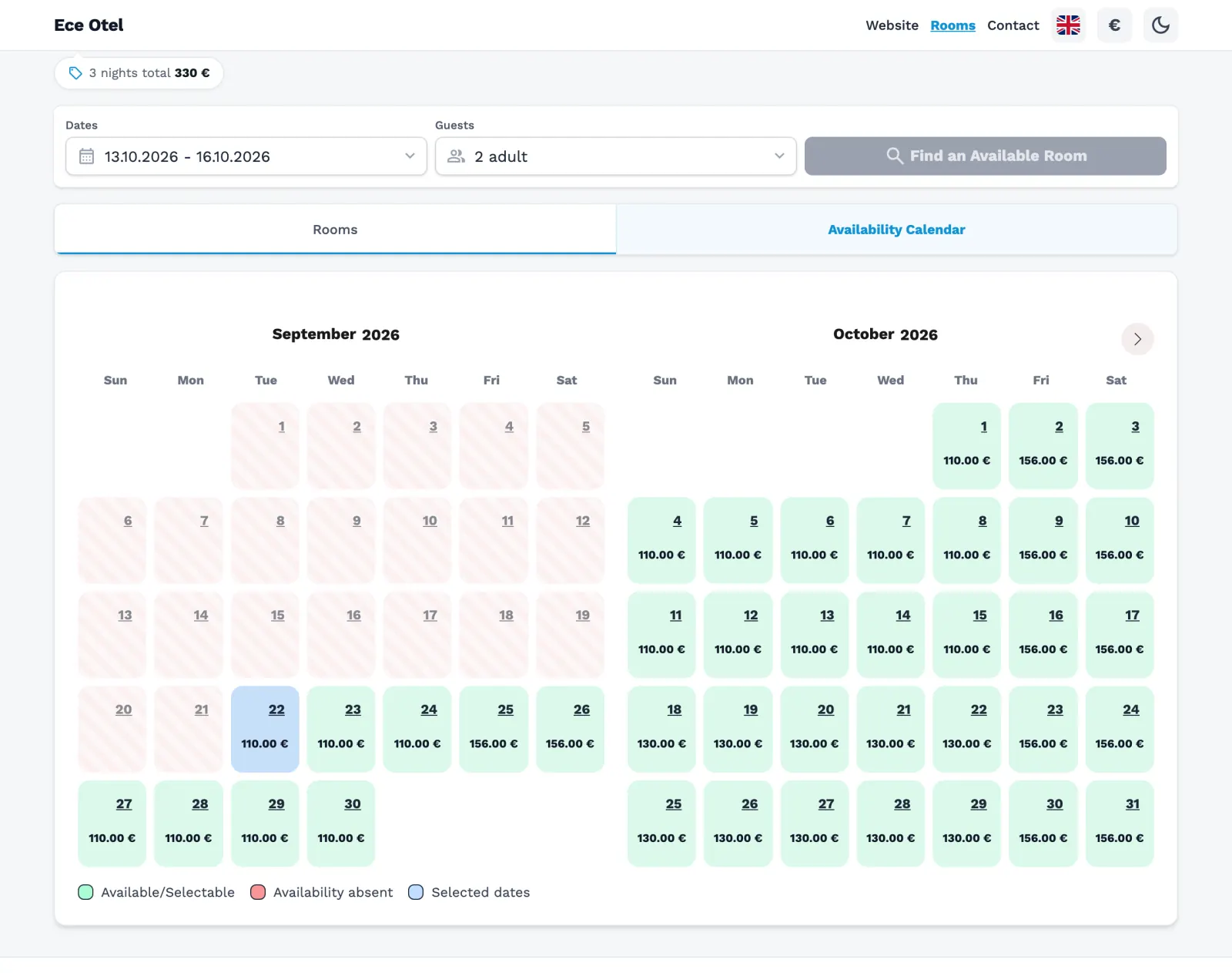 Availability calendar — Ece Termal Otel, Pamukkale